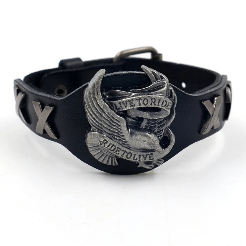 Black geometric eagle design alloy watch-buttom bracelet with leather strap