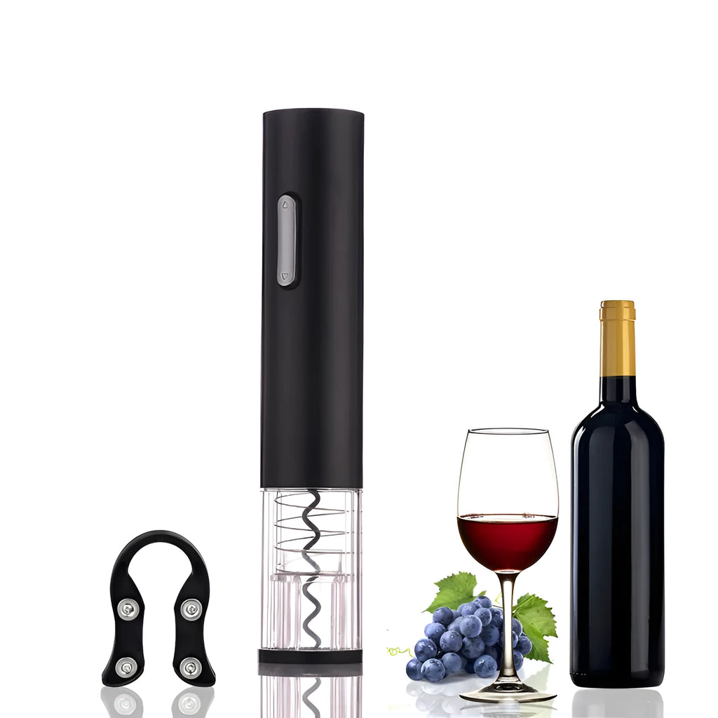 Black electric wine bottle opener with automatic corkscrew mechanism and integrated foil cutter