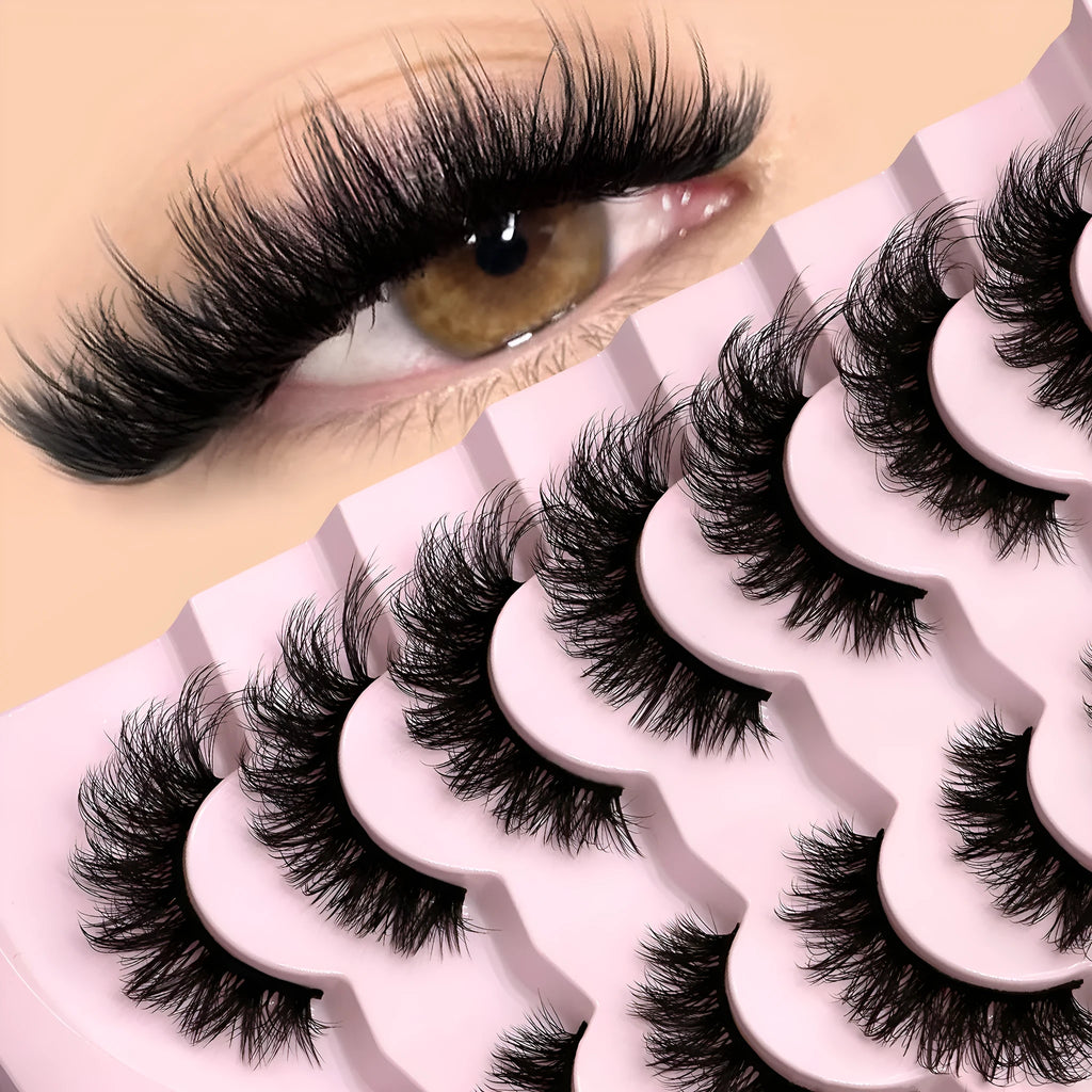 Box of natural false eyelashes in six styles with included eyelash glue.