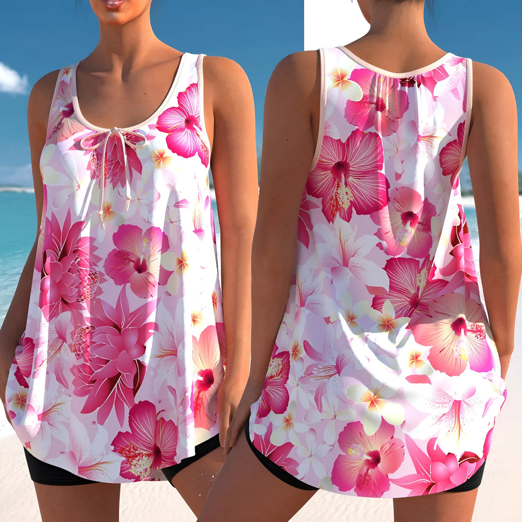 Pink printed tankini swimsuit set with high-waisted briefs for plus size women