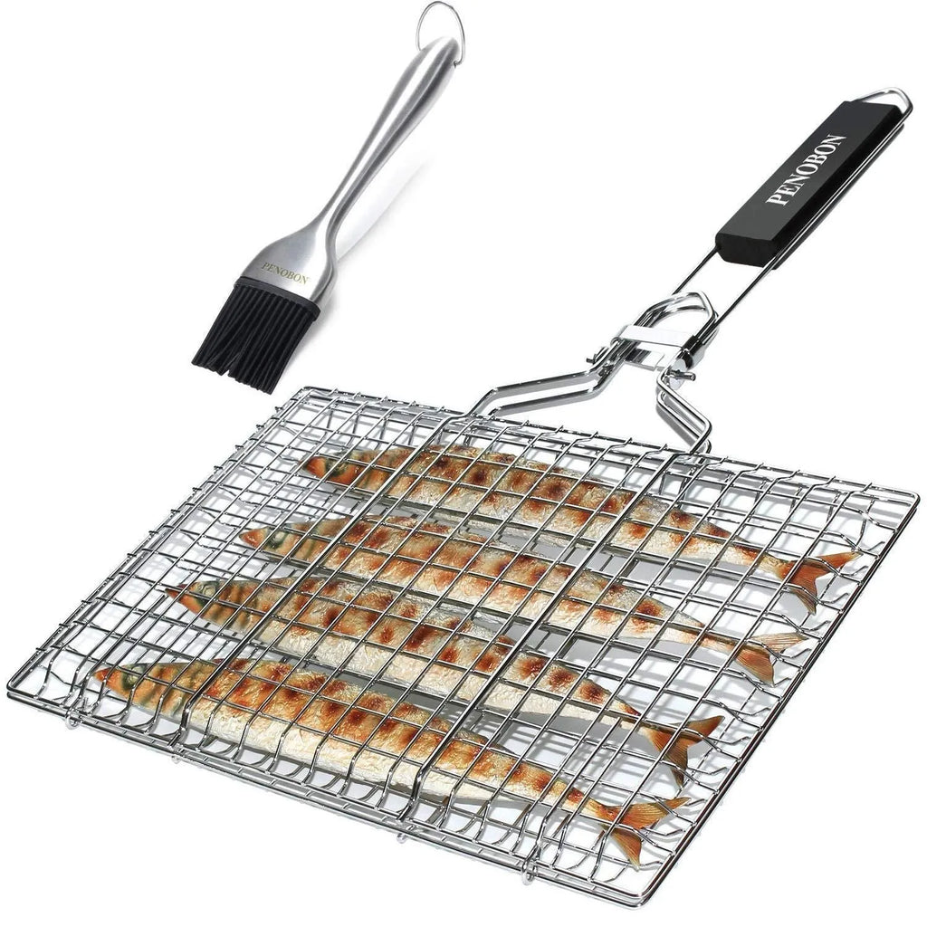 Square stainless steel folding barbecue mesh basket with cleaning brush