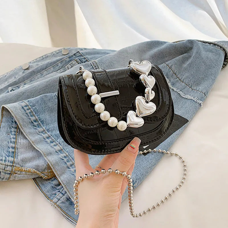 Silver laser pearl tote saddle girl mini crossbody bag with single strap and mobile phone pocket