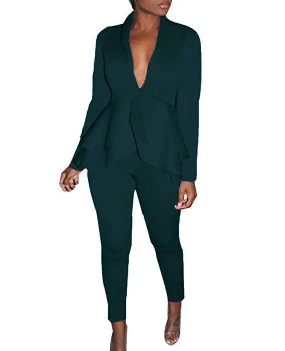 Women's ruffled air layer business casual top and pencil pants set in multiple colours