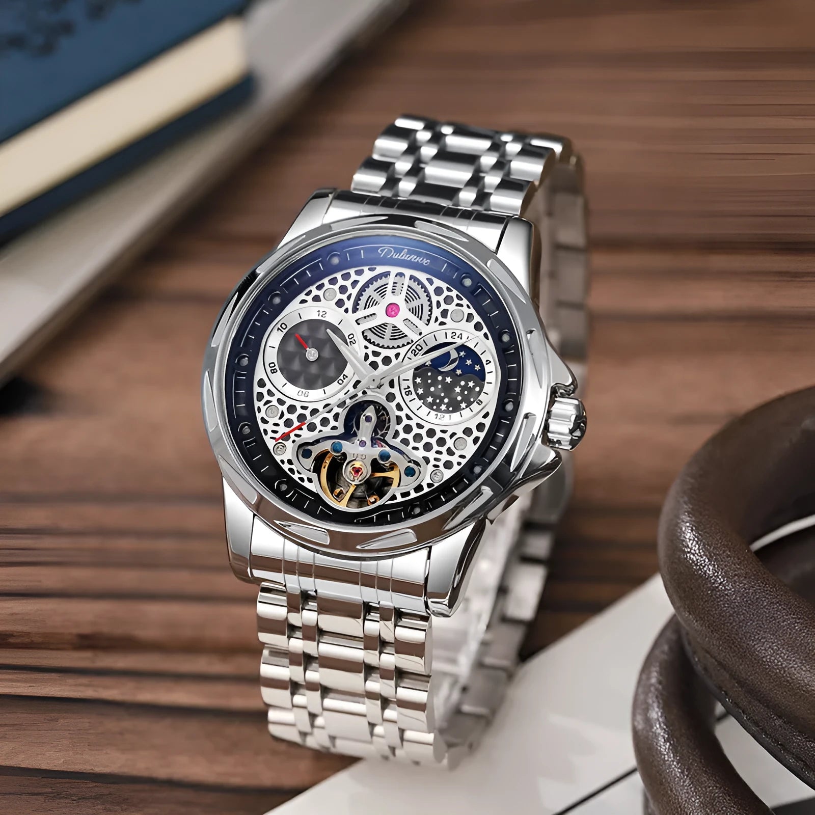 Men's waterproof automatic watch with luminous hands and stainless steel case
