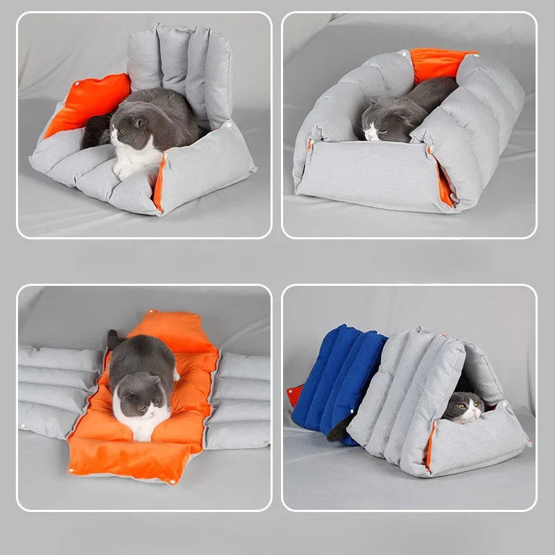 Blue triangular fabric cat nest with visible holes for connection, shown with removable cotton cover.