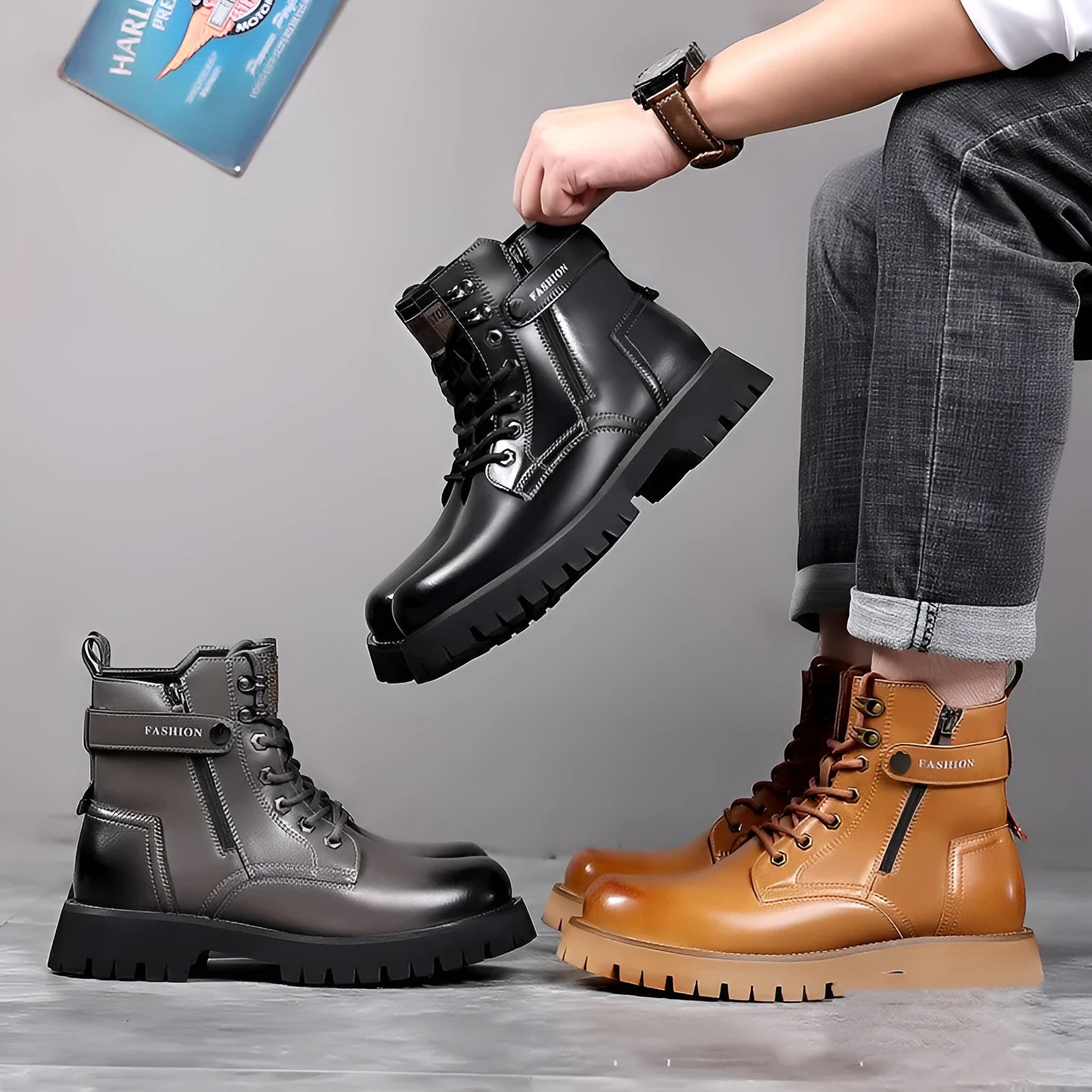 Men's light brown high-top Martin boots with a side zip and thick rubber sole on a plain background