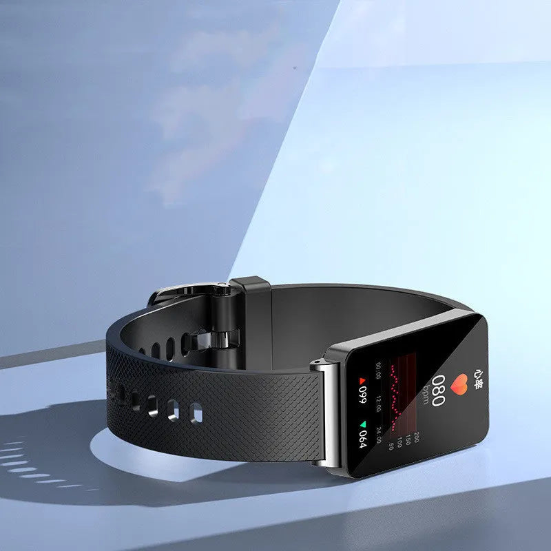 EP08 blood glucose smart bracelet with TPU strap on wrist showing touchscreen display