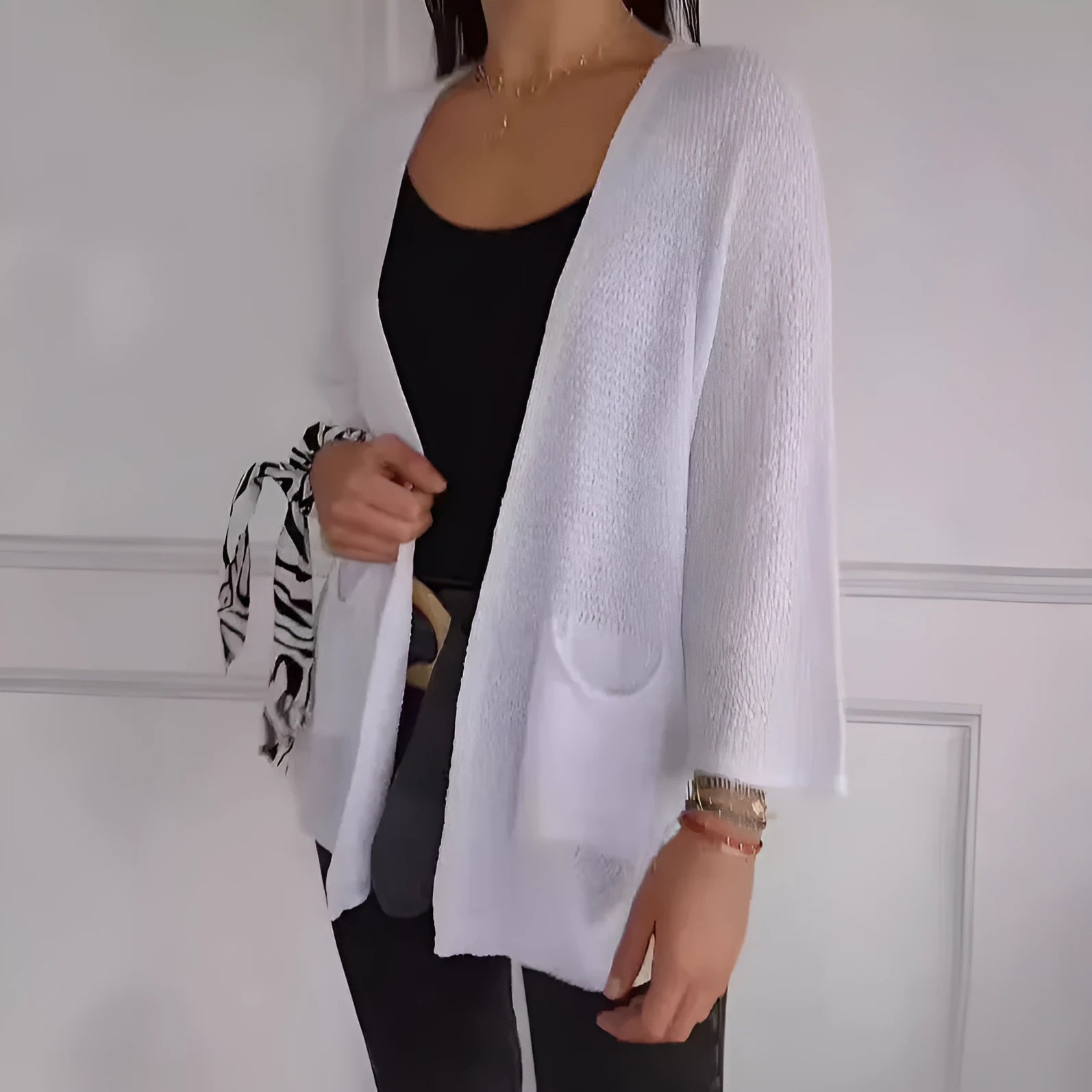 Women's waffle knit cardigan coat in army green with nine-quarter sleeves and front pockets