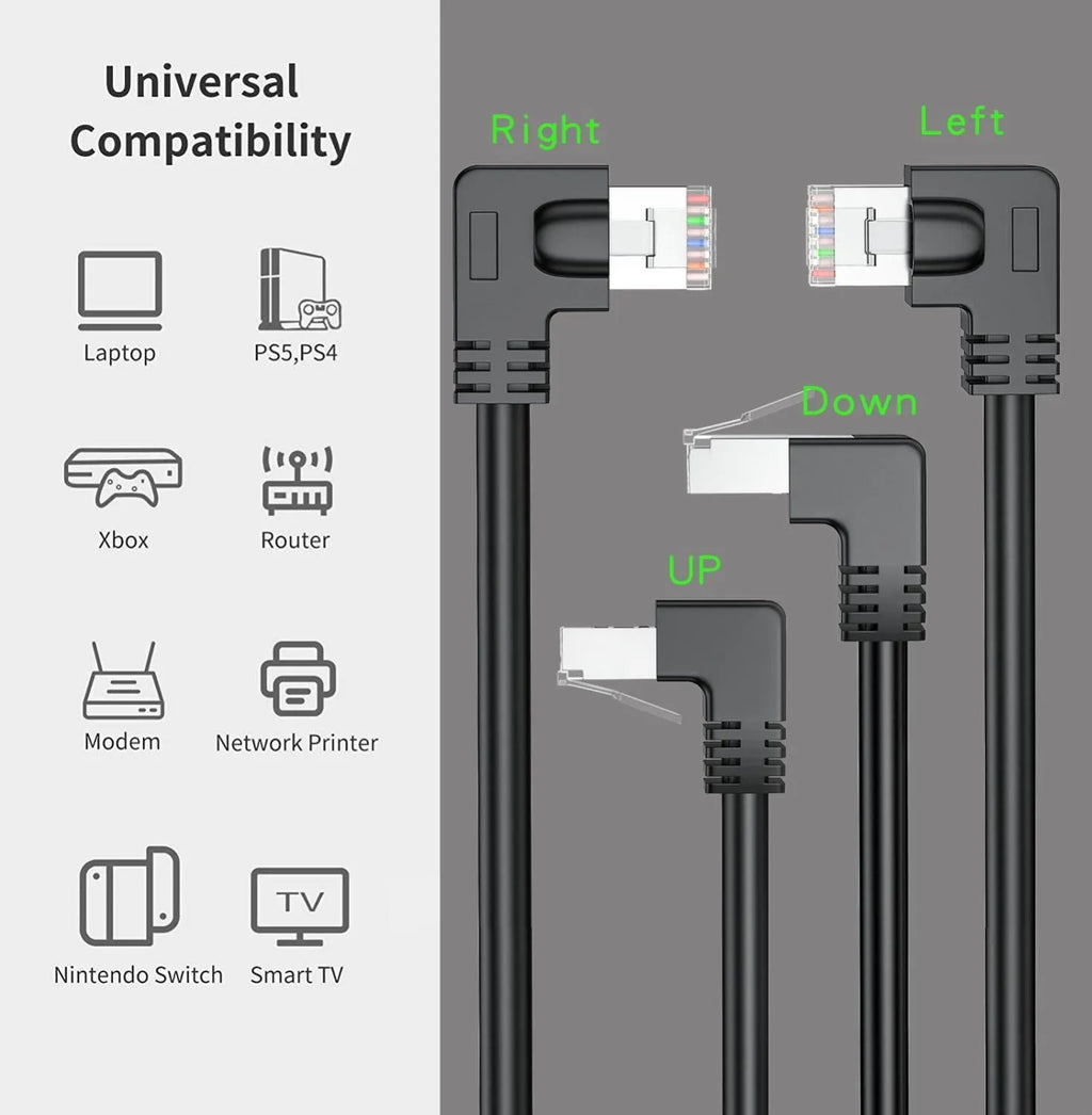 Right-angle Cat6 Ethernet cable with metal RJ45 connector in black
