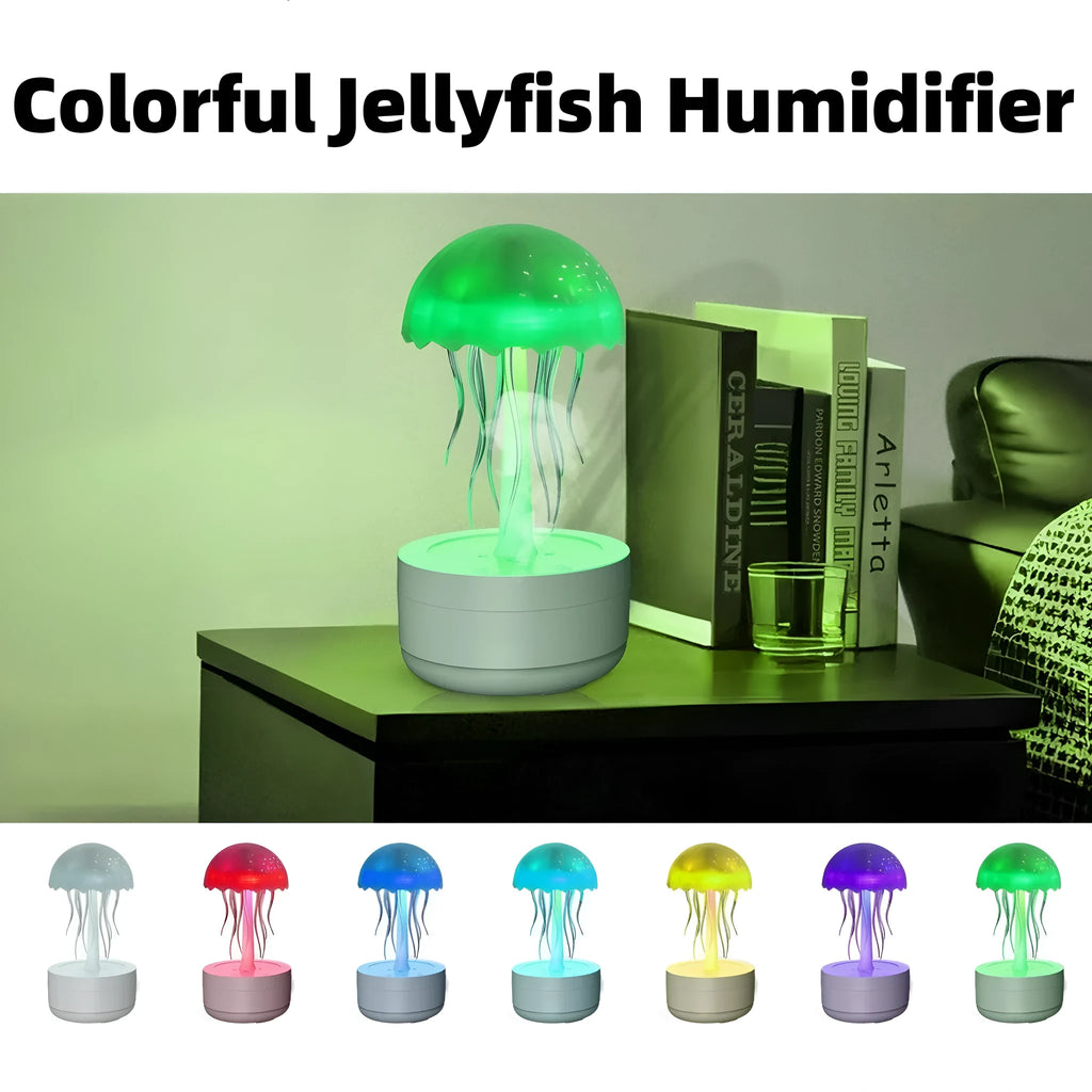 White jellyfish-shaped humidifier and essential oil diffuser with colourful night light on wooden desk