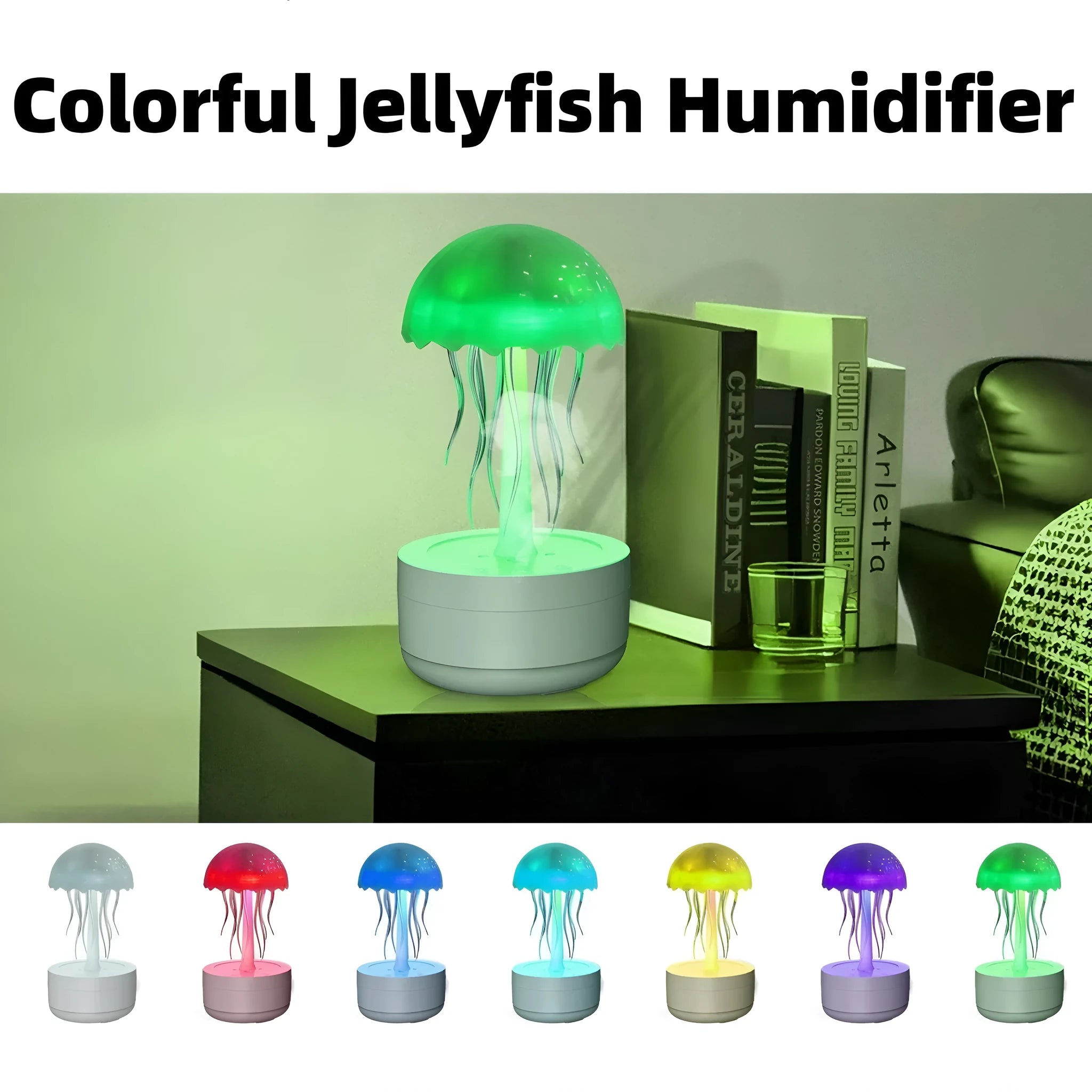 White jellyfish-shaped humidifier and essential oil diffuser with colourful night light on wooden desk