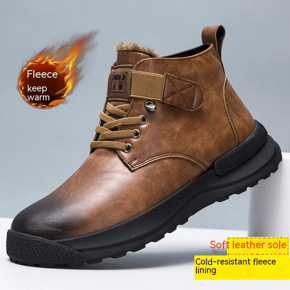 Men's black high-top Martin platform boots with velvet finish and rubber sole.