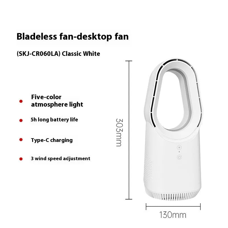 White bladeless tower fan with a remote control and touch screen panel on a desk.