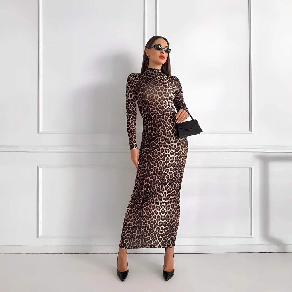Leopard print long dress with stand collar and long sleeves in milk silk polyester fabric