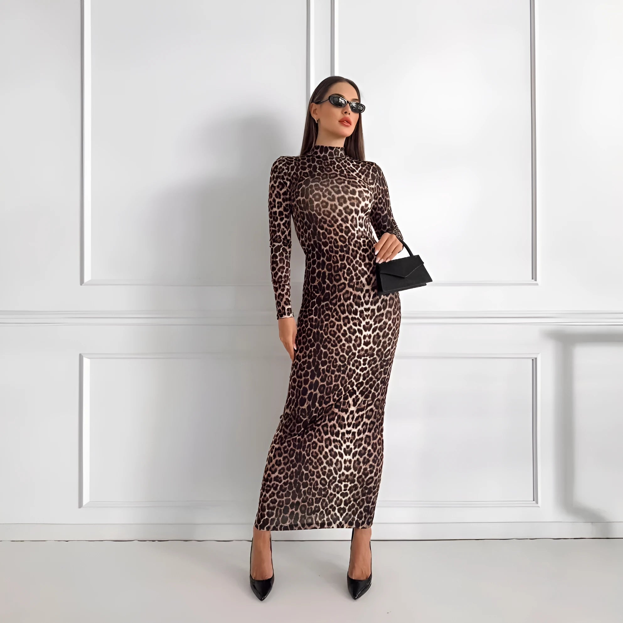Leopard print long dress with stand collar and long sleeves in milk silk polyester fabric