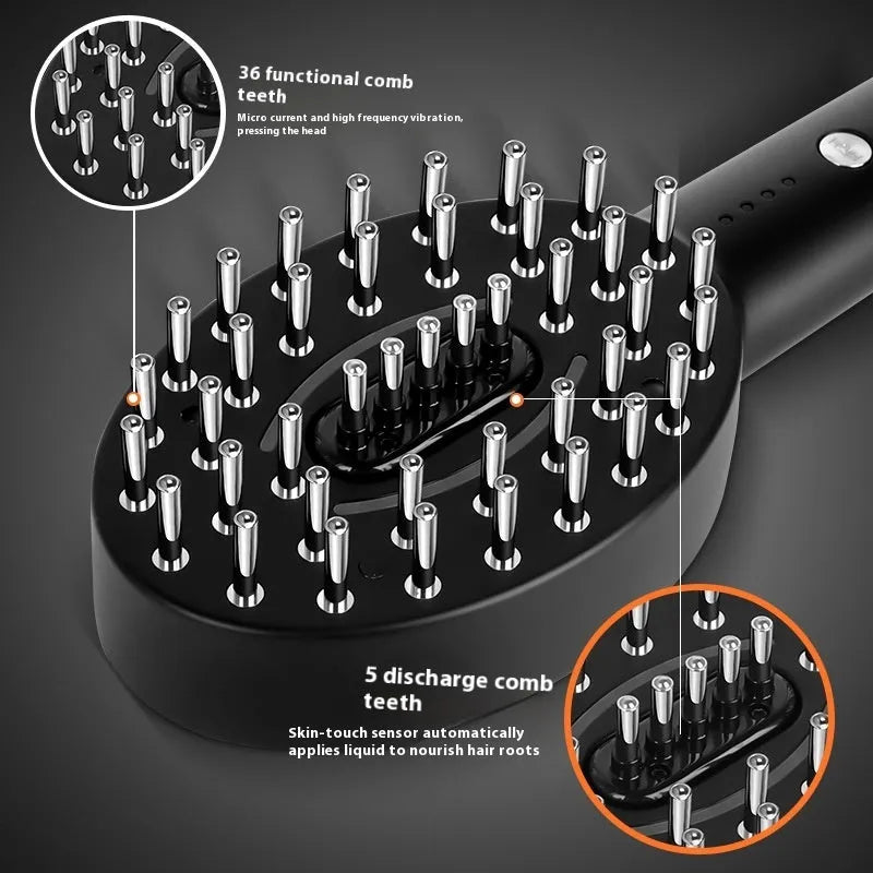 Black scalp medicine supplying device with vibration massage function for scalp soothing.