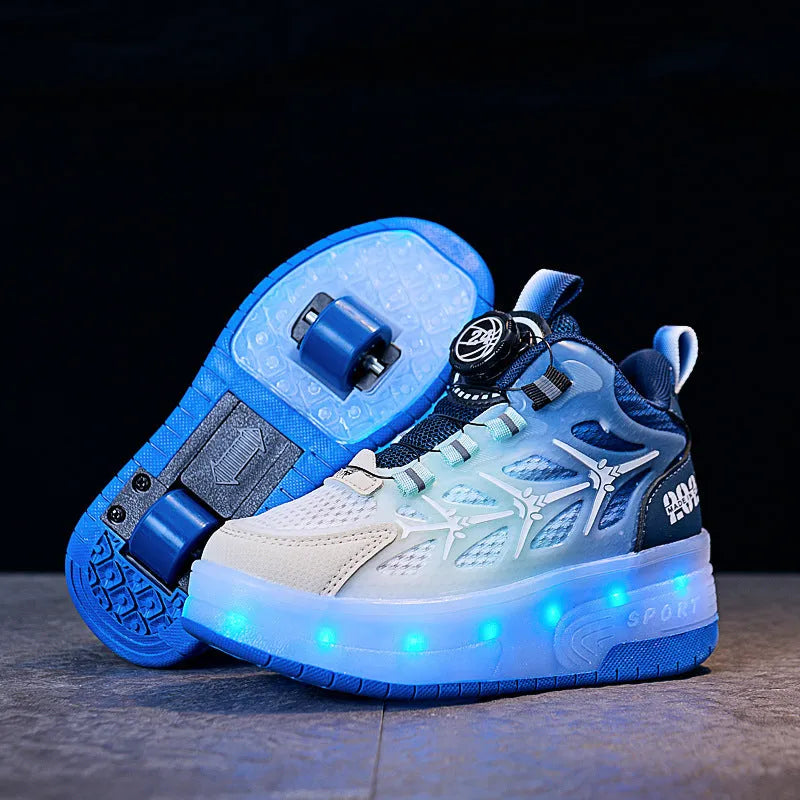 Children's flash knob roller skating shoes with twist button fastening in blue, black, or pink colours with stripe pattern