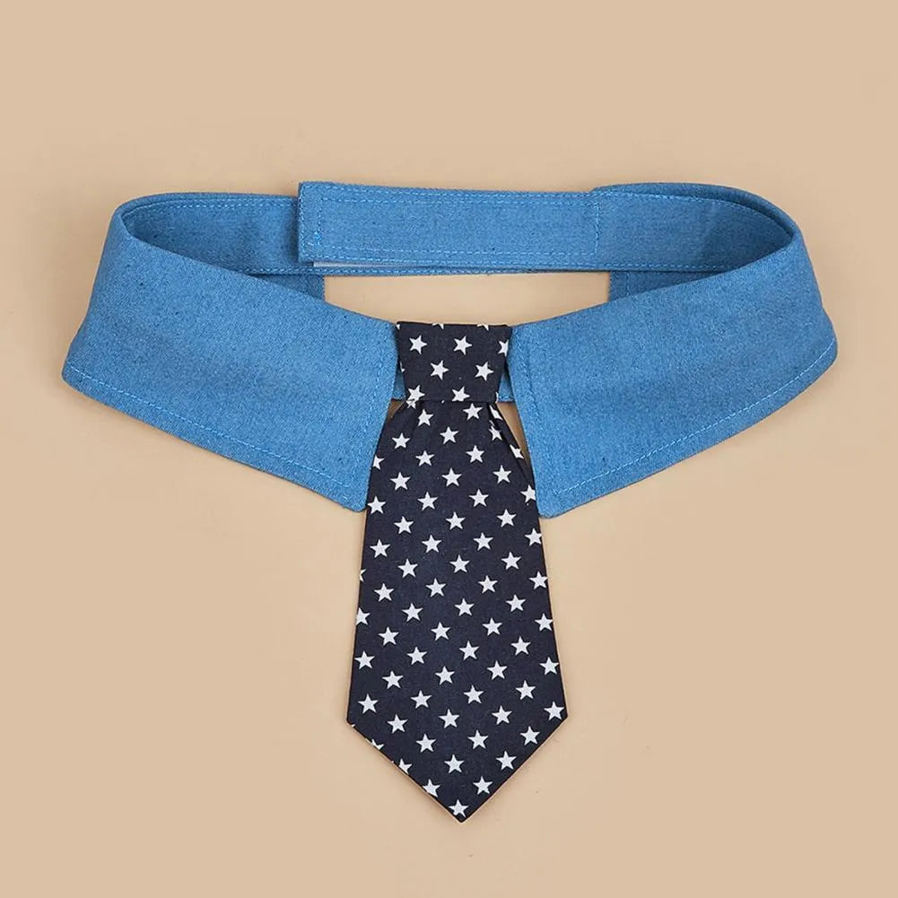 Denim dog collar with star pattern necktie in bow style, adjustable sizing for formal events