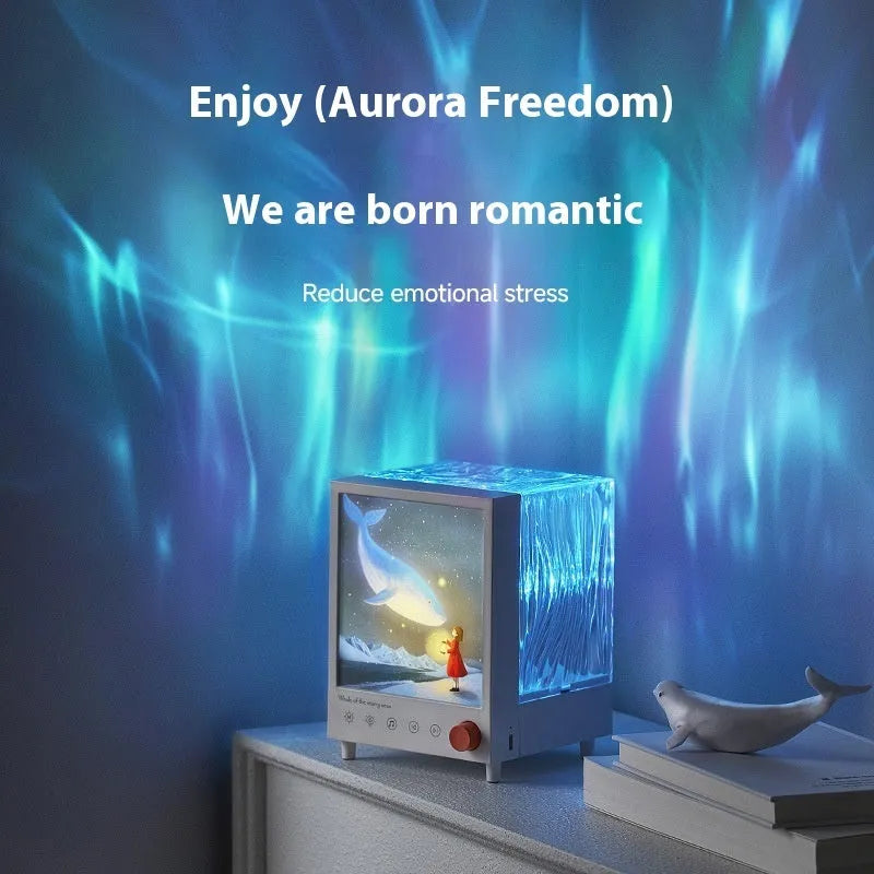 Aurora Treasure Box Star Sea Whale projection lamp with Bluetooth speaker, showing compact design.