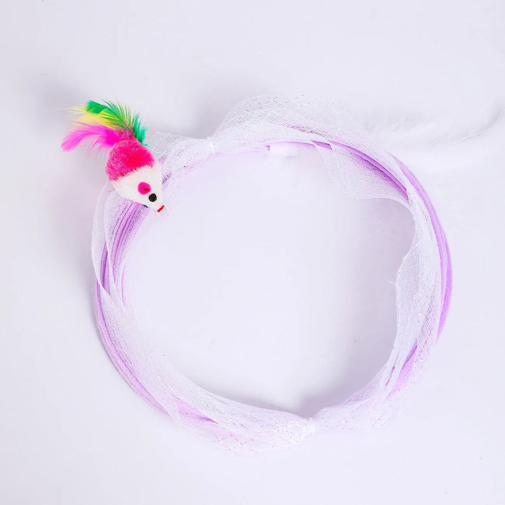 Collapsible cat tunnel toy with feather teaser and steel wire frame for indoor pet play