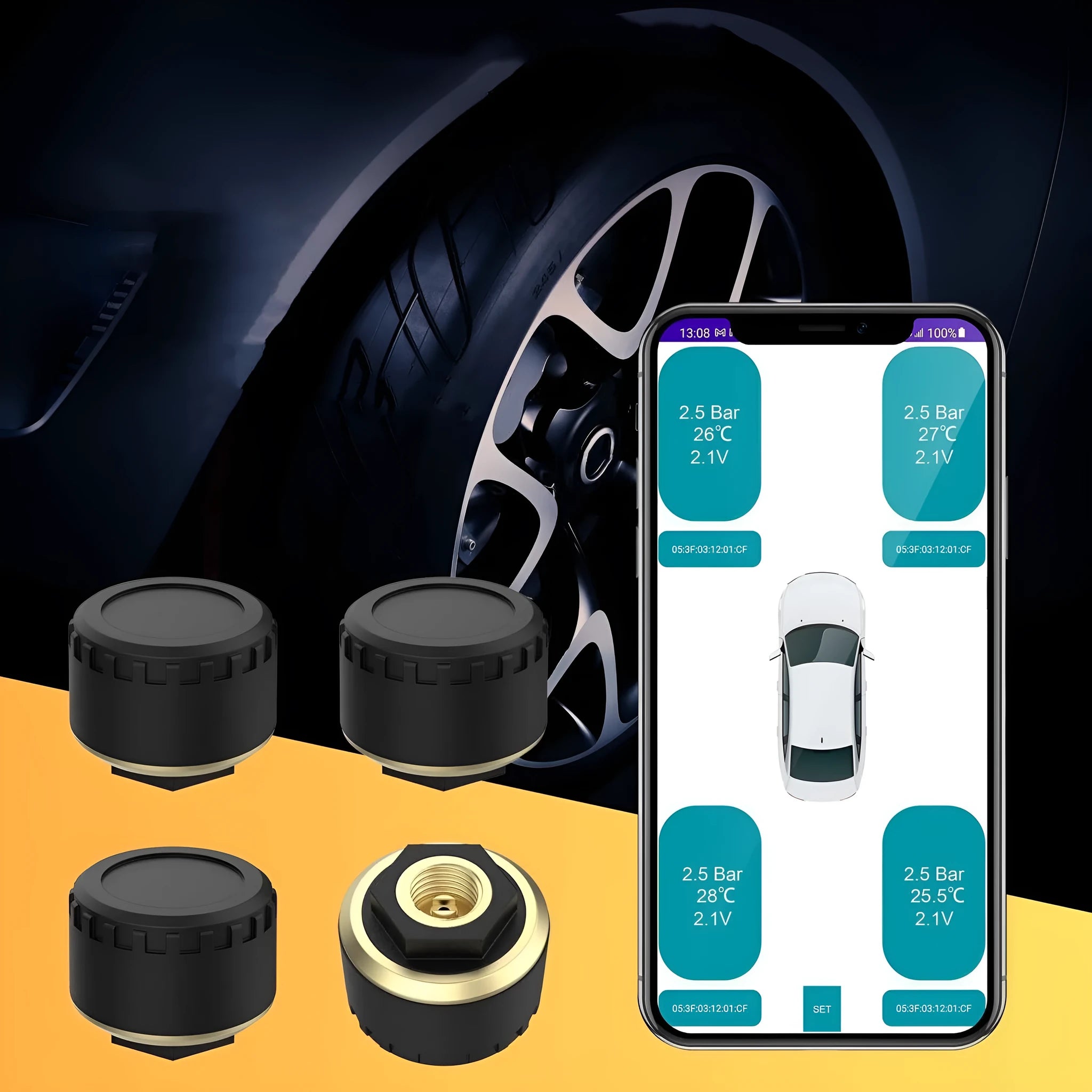 Bluetooth car tyre pressure monitoring system with four waterproof sensors for mobile phone display