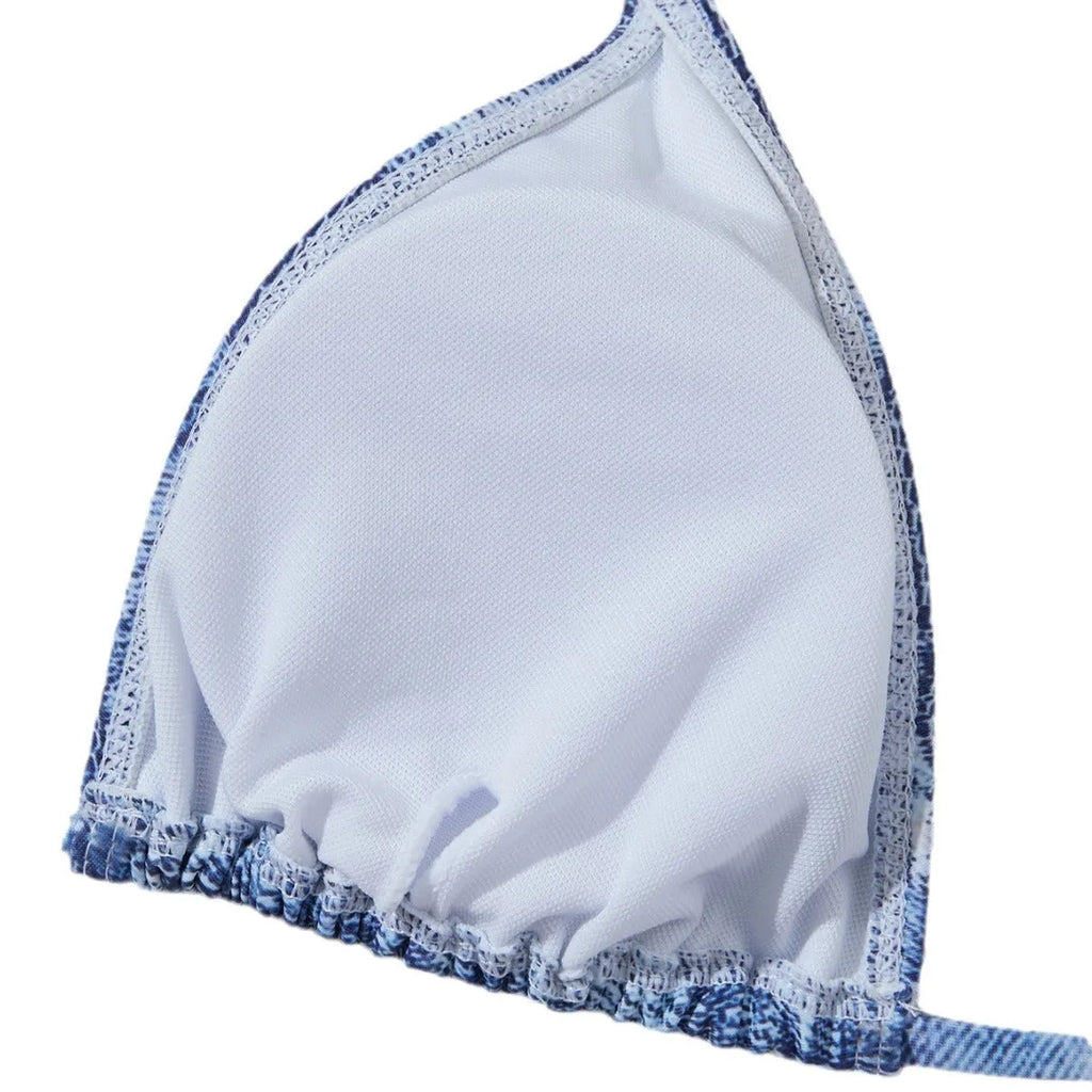 Women's denim blue printed strap bikini set with ruffle detail design