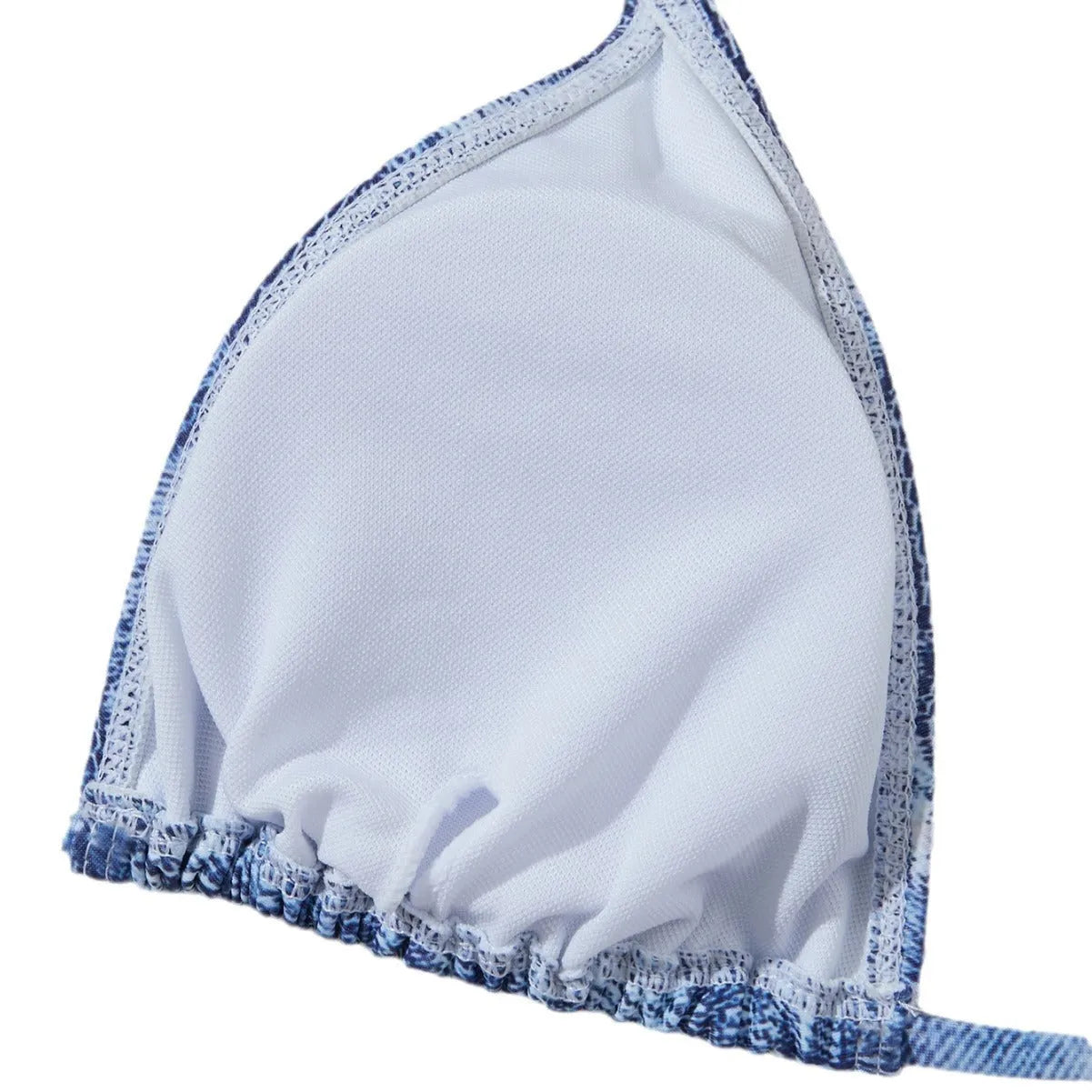 Women's denim blue printed strap bikini set with ruffle detail design
