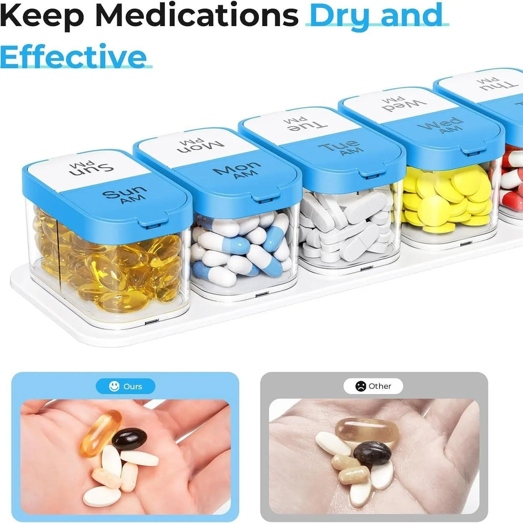 Extra large white plastic pill dispenser with 14 removable rainbow-coloured grid compartments open on a table.