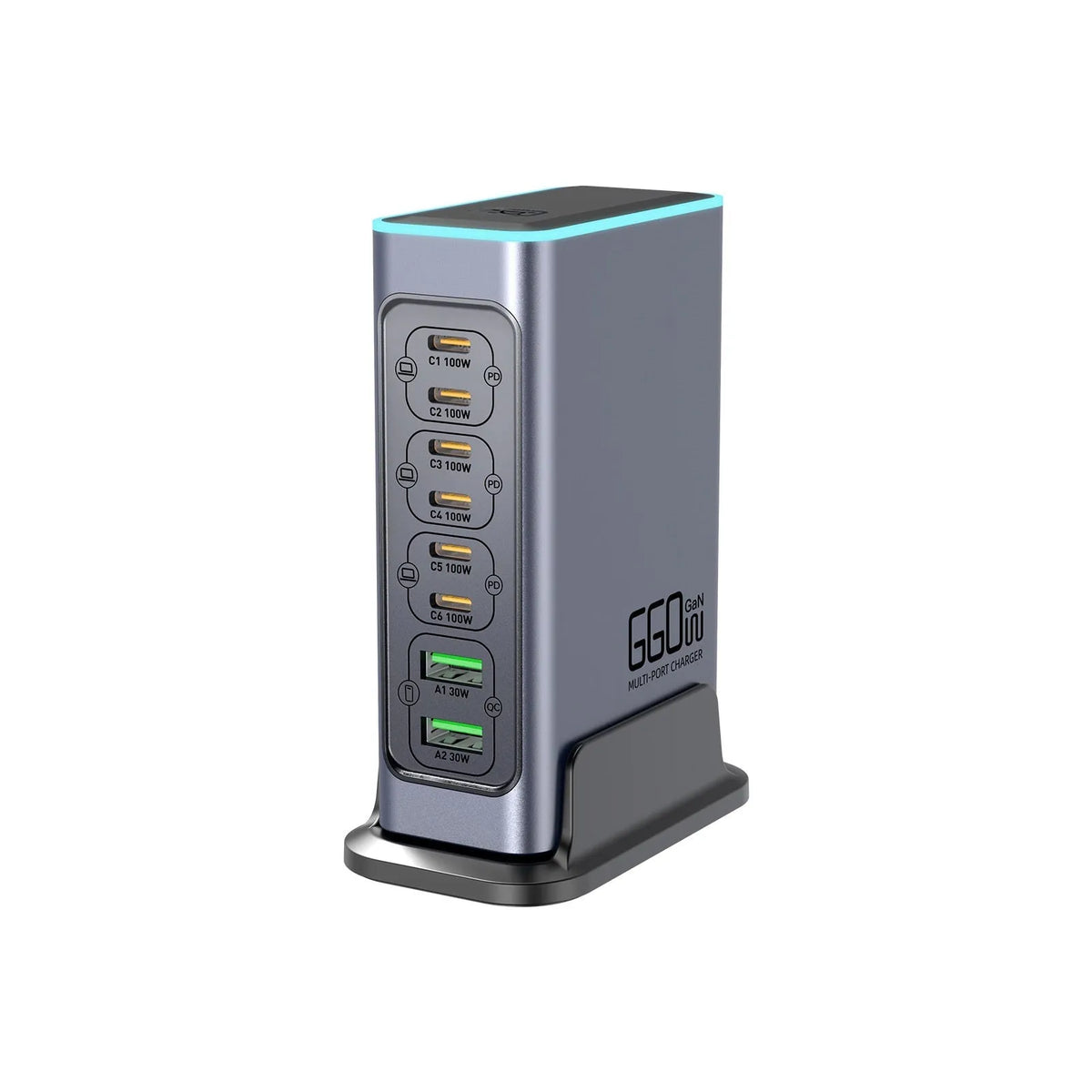 660W Gallium Nitride desktop multi-port fast charger with UK, EU, AU, and US plug heads