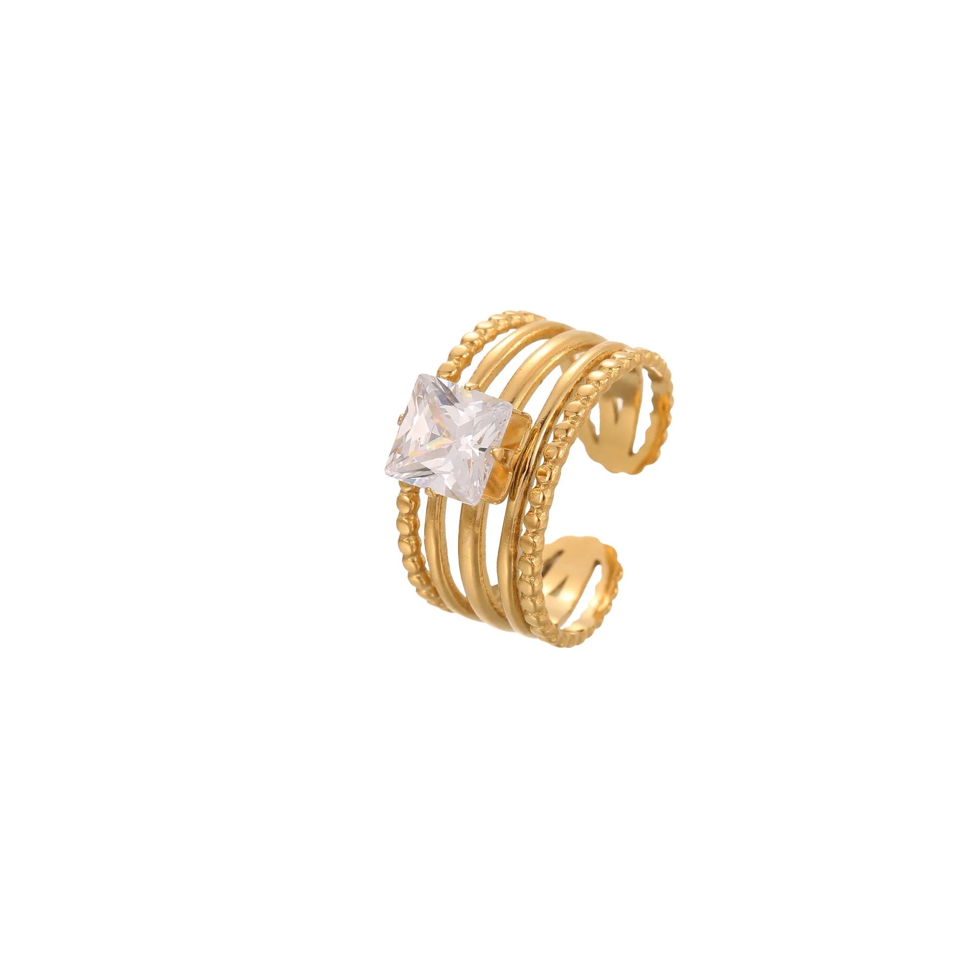 Gold electroplated stainless steel ring with zircon geometric design on adjustable open mouth band