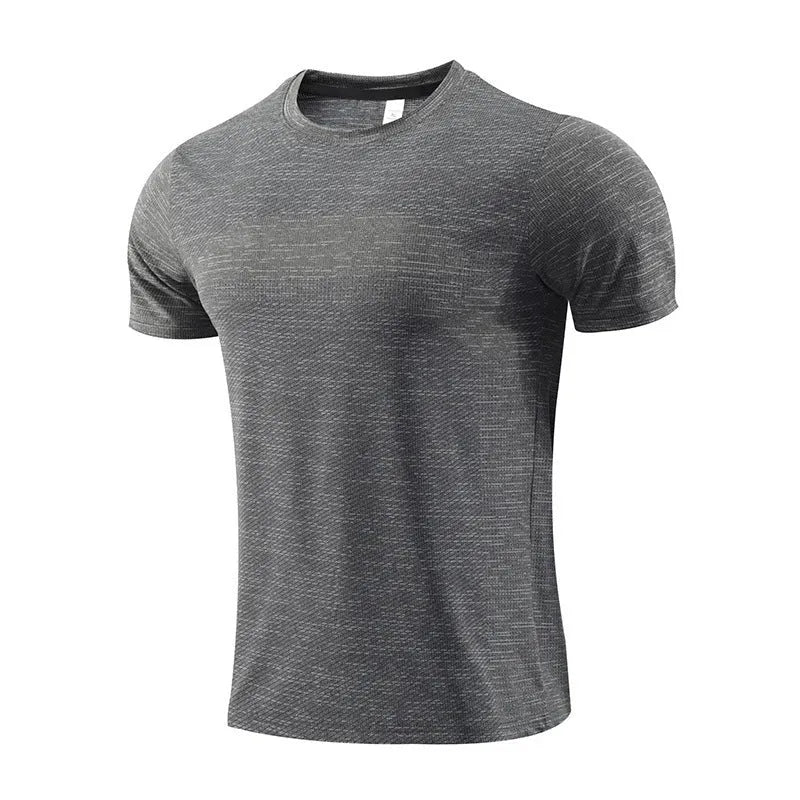 Men's short-sleeved athletic t-shirt for basketball and running in polyester spandex fabric.
