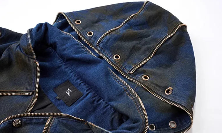 Blue Korean-style hooded denim vest coat and matching trousers two-piece set