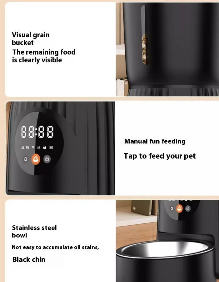 Black automatic pet feeder with digital display and food compartment
