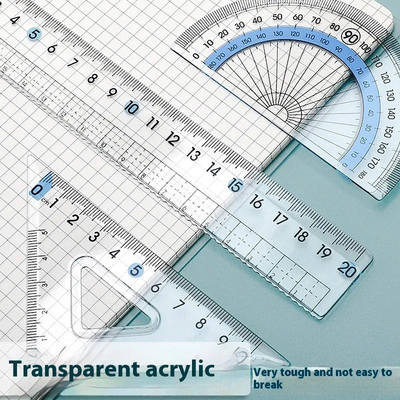 Transparent acrylic ruler set with square and protractor geometry tools