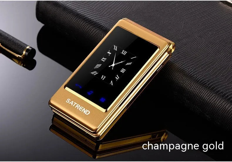 Dual screen flip phone in black showing internal touch screen and external display.