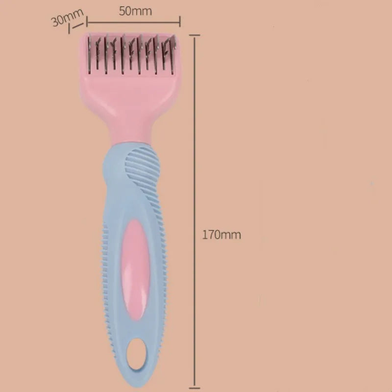 Stainless steel pet grooming comb with knot removal blade and massage tips in pink colour