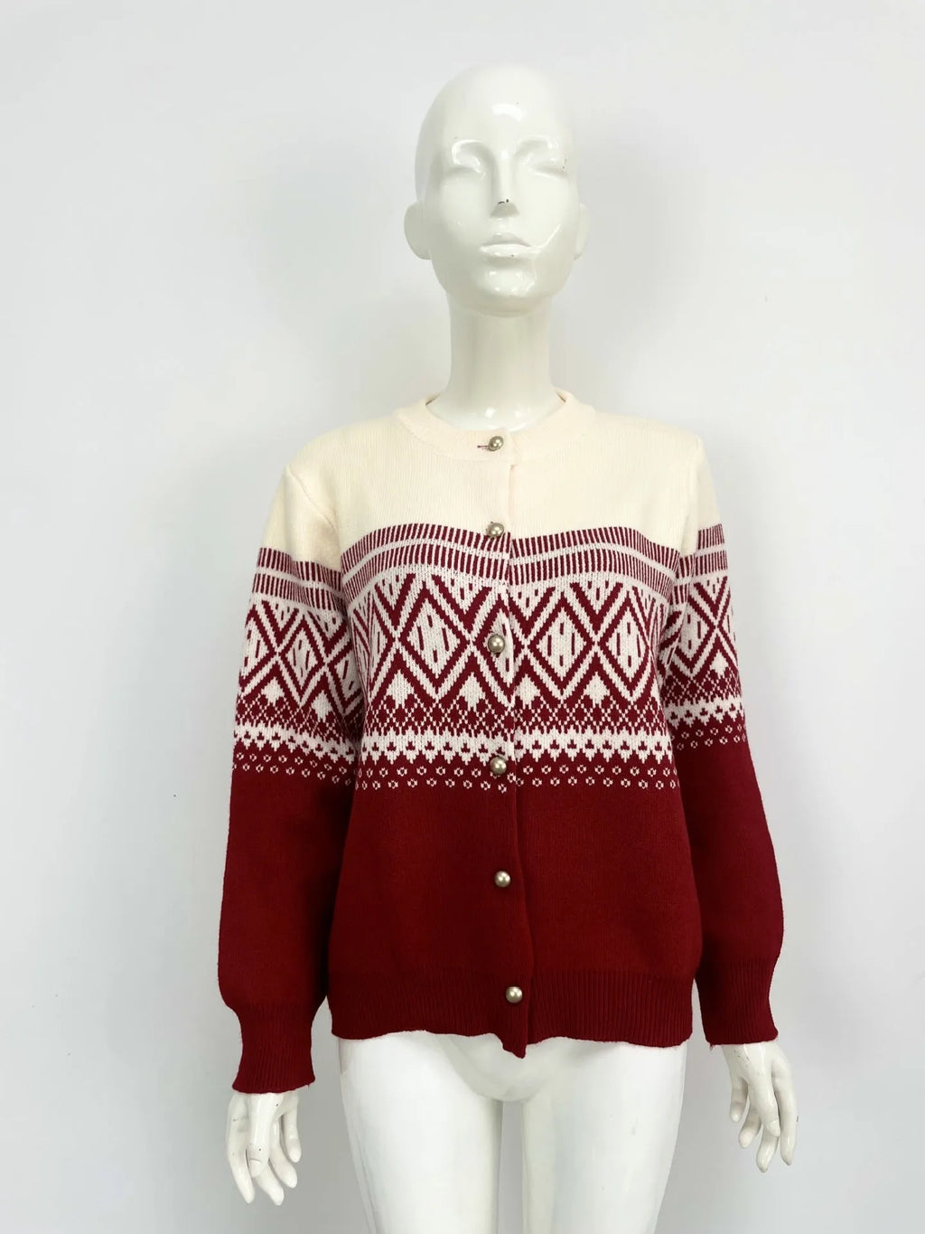Long-sleeved red alpaca wool cardigan with a colourful diamond knit pattern