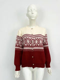 Long-sleeved red alpaca wool cardigan with a colourful diamond knit pattern