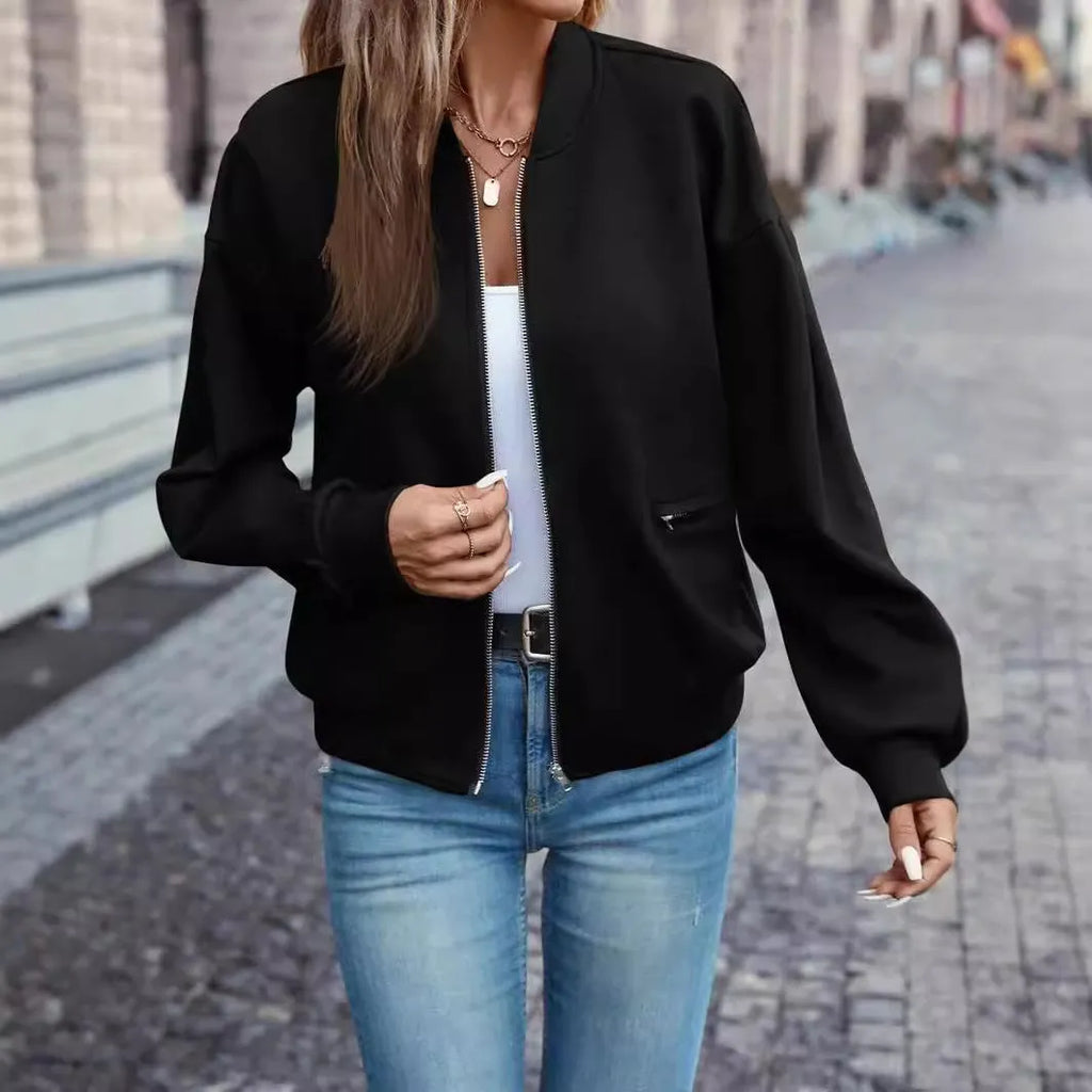 Black women's zip-front jacket with long sleeves in casual Japanese Korean style