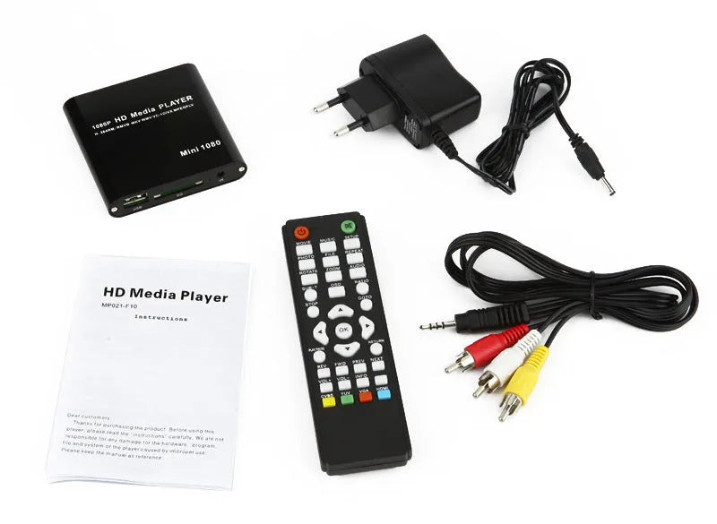 Compact blue 1080P HDMI media player with SD card and USB ports