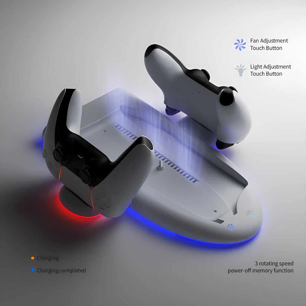 White PS5 Slim charging base with cooler pad fan, RGB lights, fixed charger and charging belt