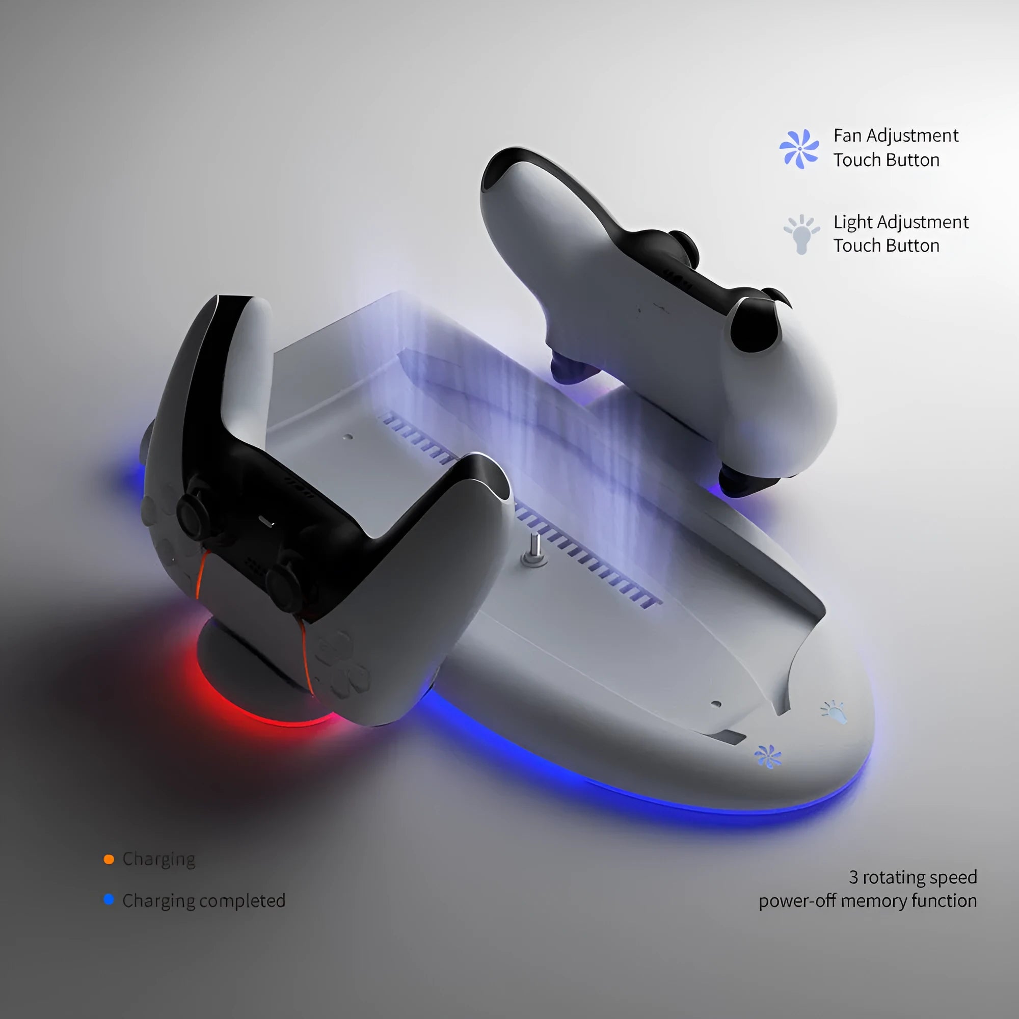 White PS5 Slim charging base with cooler pad fan, RGB lights, fixed charger and charging belt