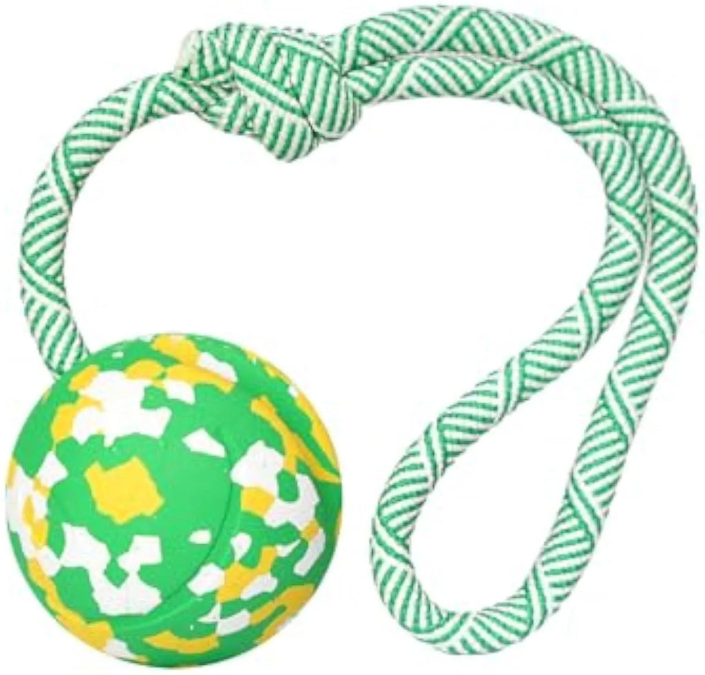 Natural rubber dog ball attached to a blue nylon rope, shown in two sizes L and S for interactive play.