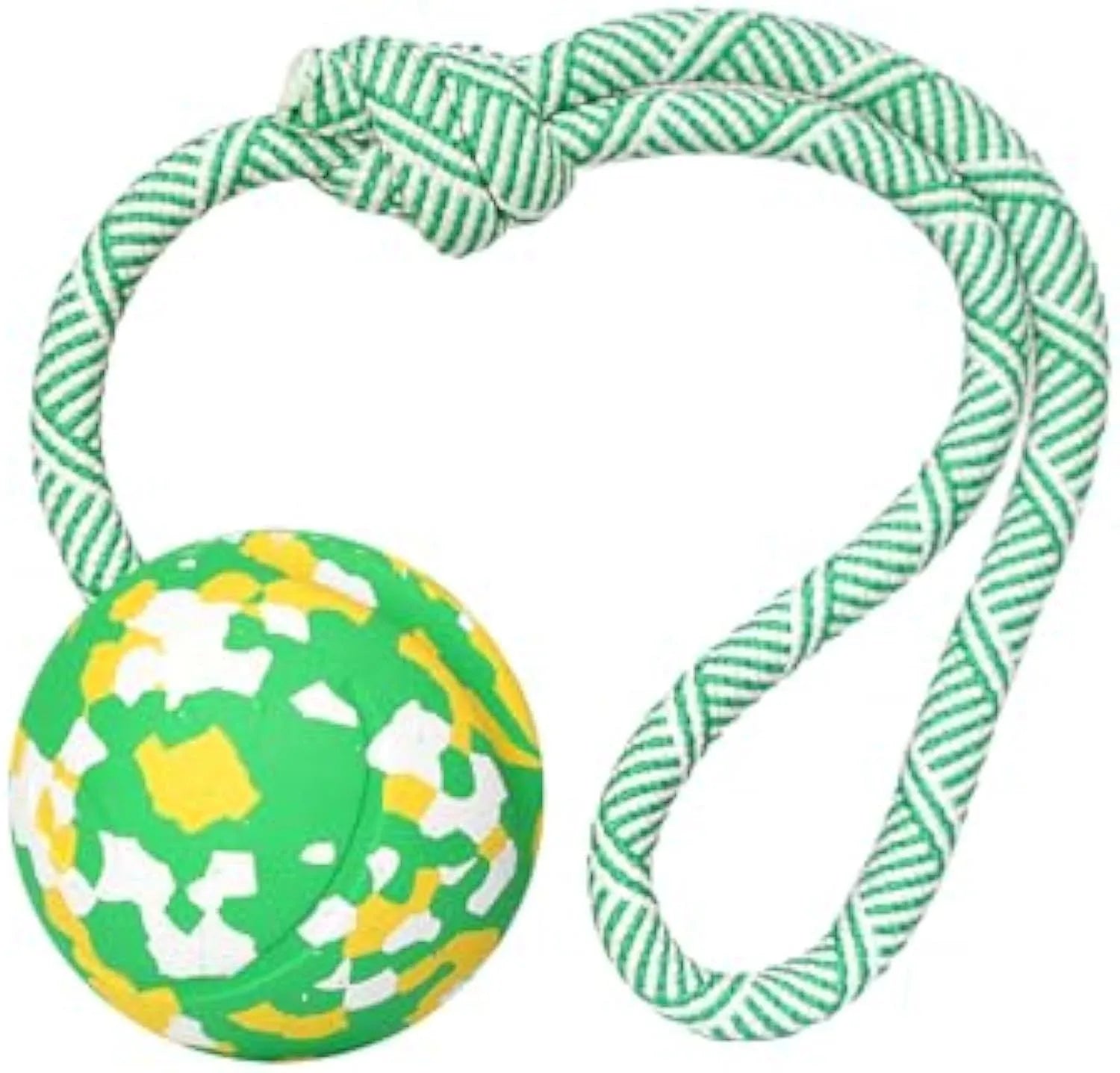 Natural rubber dog ball attached to a blue nylon rope, shown in two sizes L and S for interactive play.