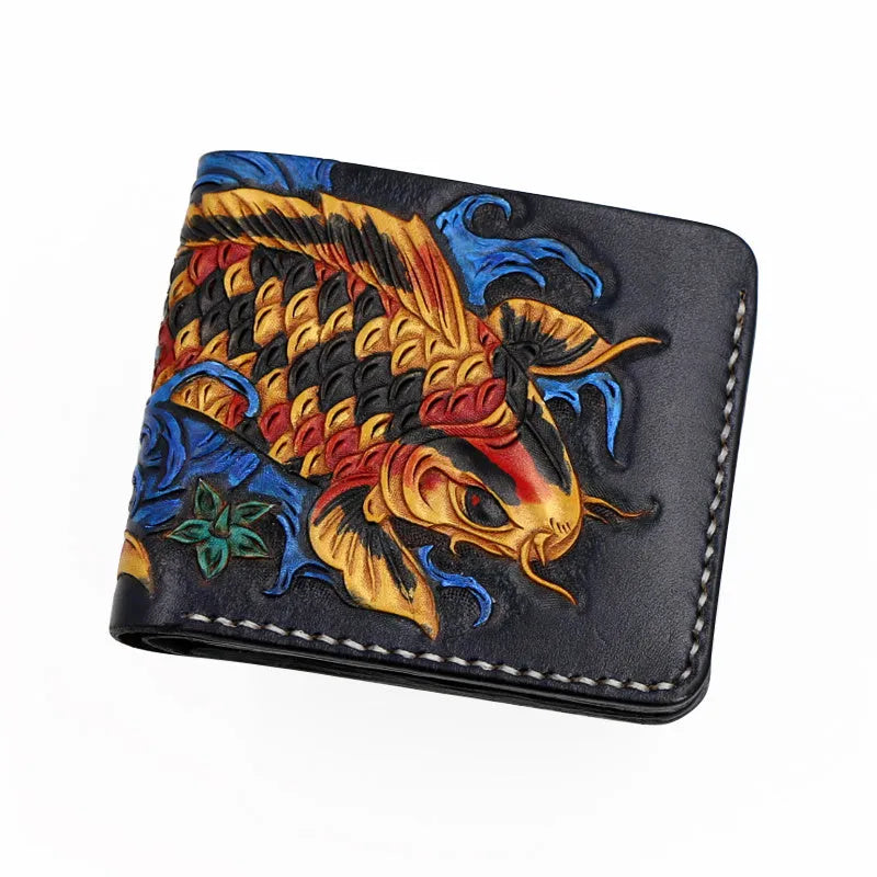 Men's carved cow leather short wallet in red, shown open, displaying its compact size and textured finish.