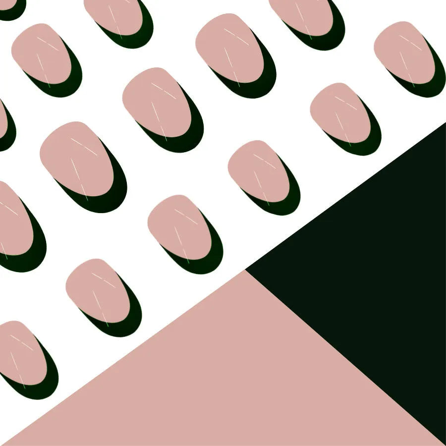 24 artificial press-on nails showing short almond shape with matte black French manicure design