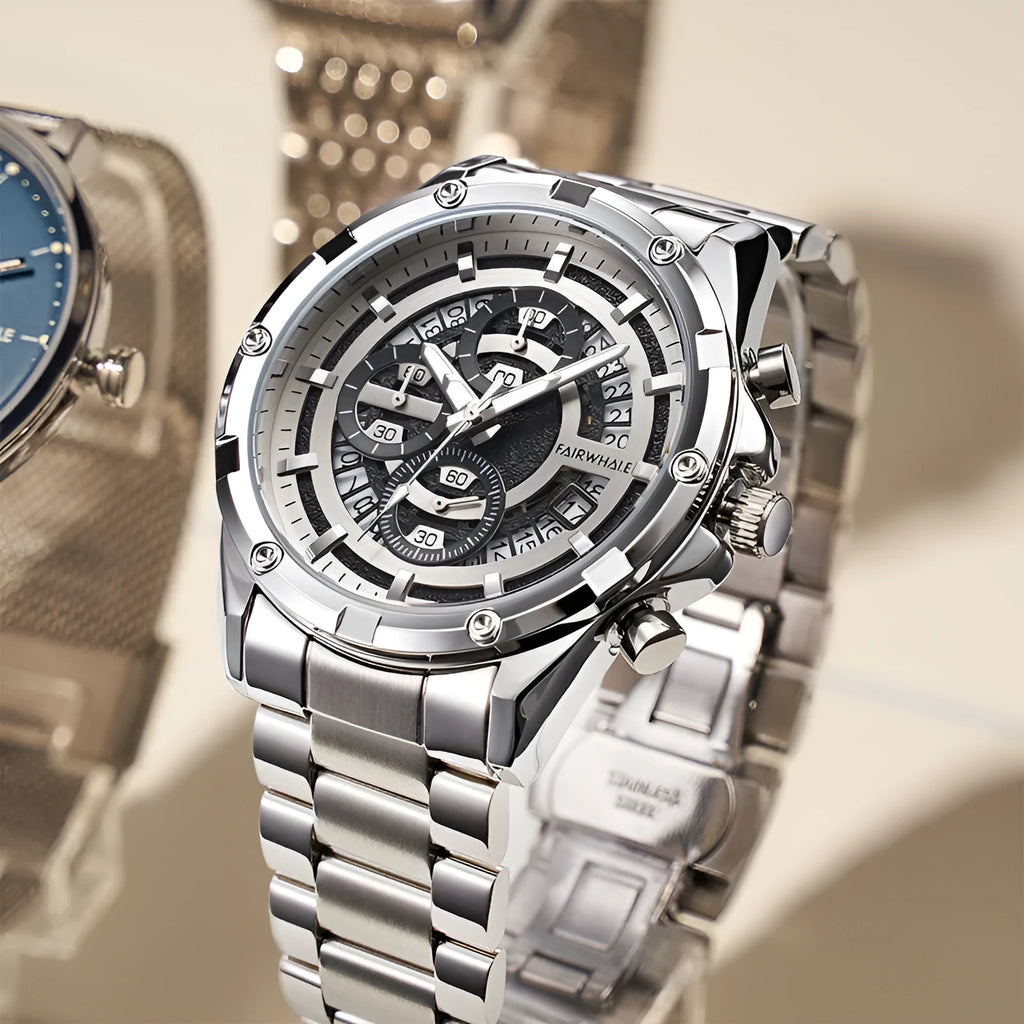 Men's waterproof luminous quartz watch with stainless steel band in three colour options