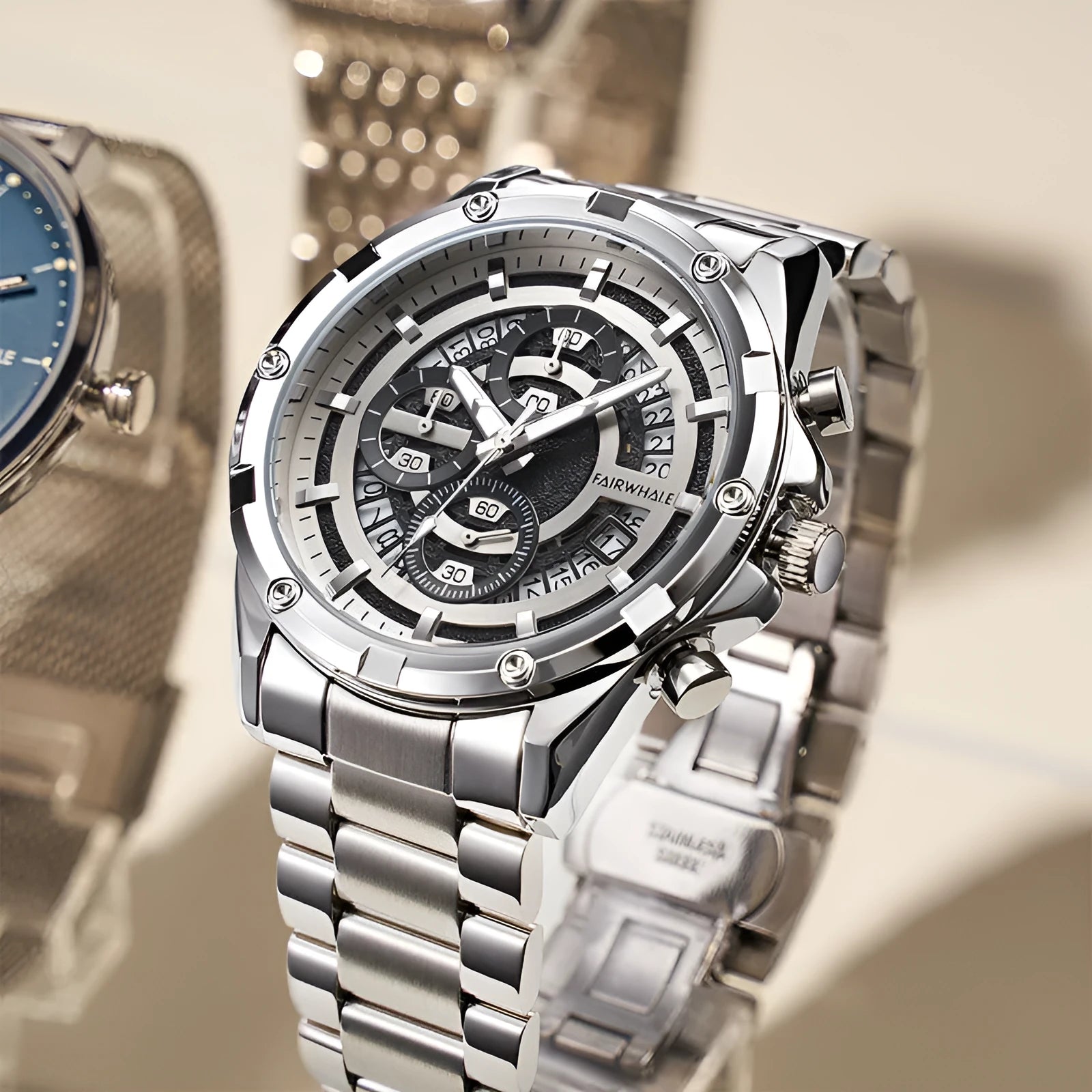 Men's waterproof luminous quartz watch with stainless steel band in three colour options