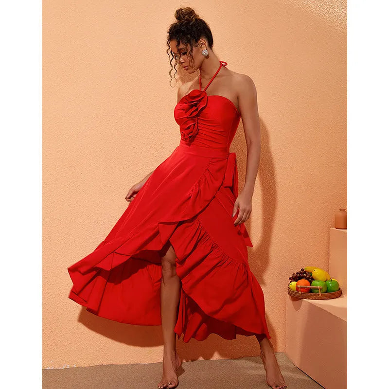 Red women's V-neck halter swimsuit with detachable skirt, open back design