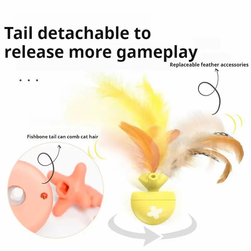USB electric cat teasing ball with fish bone design and removable feather stick in blue, pink or yellow colours